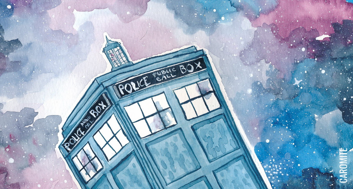 Aquarellbild: Tardis im Weltraum